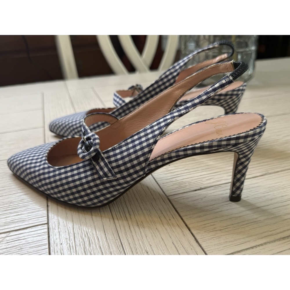 J.CREW $228 Strappy Slingback Blue Gingham Mary Jane Plaid Colette Shoe Sz 6.5